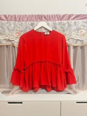 DNT Red Ruffle Detail Long Sleeve Top